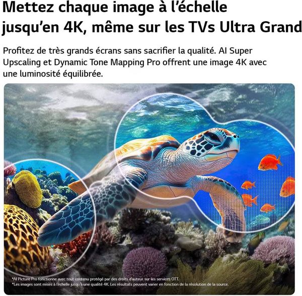 Téléviseur LG 65QNED85B – Upscaling IA 4K Téléviseur LG 65QNED85B illustrant la mise à l’échelle IA d’une scène sous-marine jusqu’en résolution 4K.