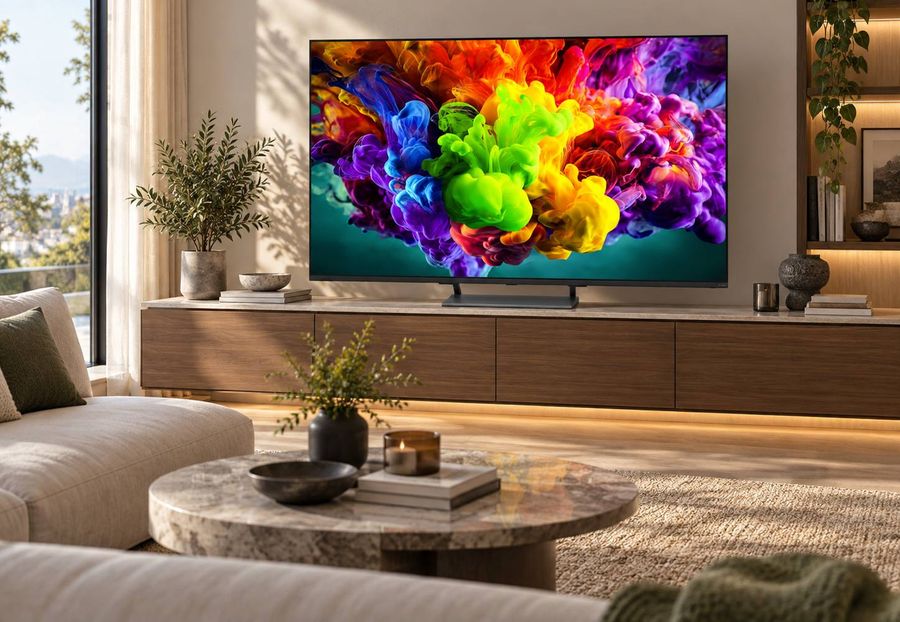 T&eacute;l&eacute;viseur Mini LED LG 65QNED93B install&eacute; dans un salon contemporain lumineux, affichant une image aux couleurs vives et contrast&eacute;es.