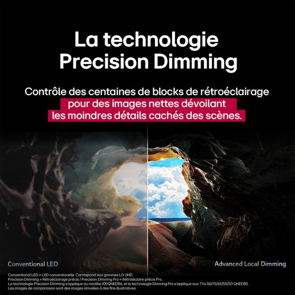 Comparaison du r&eacute;tro&eacute;clairage Precision Dimming Mini LED du t&eacute;l&eacute;viseur LG 75QNED85A avec un r&eacute;tro&eacute;clairage LED conventionnelle sur une image de grotte.