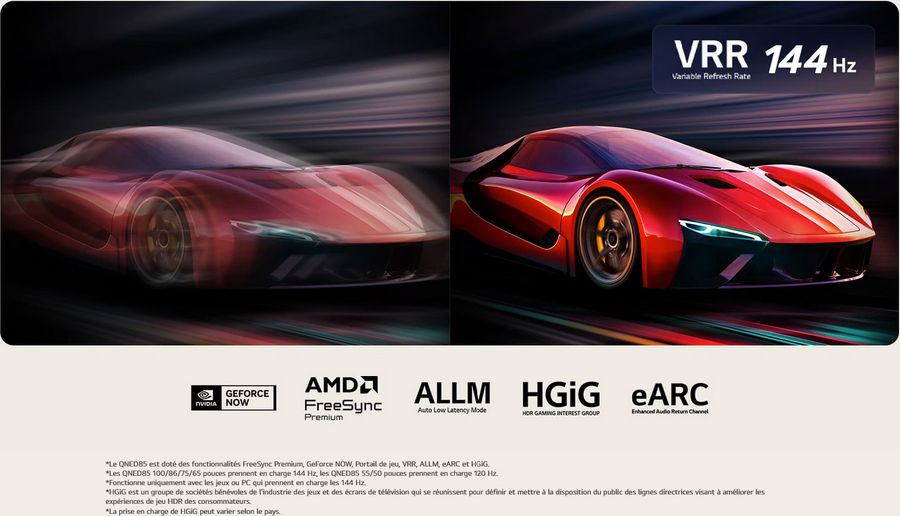  Comparaison d’affichage d’une voiture de course avec le VRR 144 Hz du téléviseur LG 86QNED85A activé ou non.