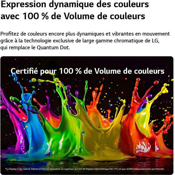 Téléviseur LG 86QNED85B – Volume de couleurs 100 % Téléviseur LG 86QNED85B affichant des éclaboussures multicolores illustrant un volume de couleurs élevé et des teintes dynamiques.