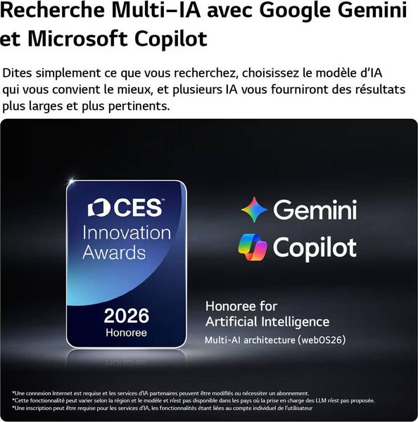 Téléviseur LG 86QNED85B – Recherche Multi-IA Téléviseur LG 86QNED85B montrant la recherche Multi-IA avec intégration de Google Gemini et Microsoft Copilot.