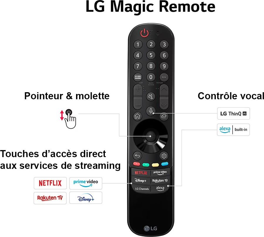 Livrée avec le grand téléviseur LG OLED65M4, la Magic Remote donne accès à toutes les fonctionnalités en toute simplicité. La Magic Remote est livrée avec le grand téléviseur LG OLED65M4.