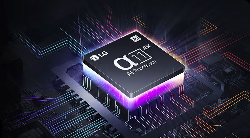 Processeur IA α11 4K du téléviseur OLED transparent LG Signature OLED 77T4 illustré sur une carte électronique stylisée.