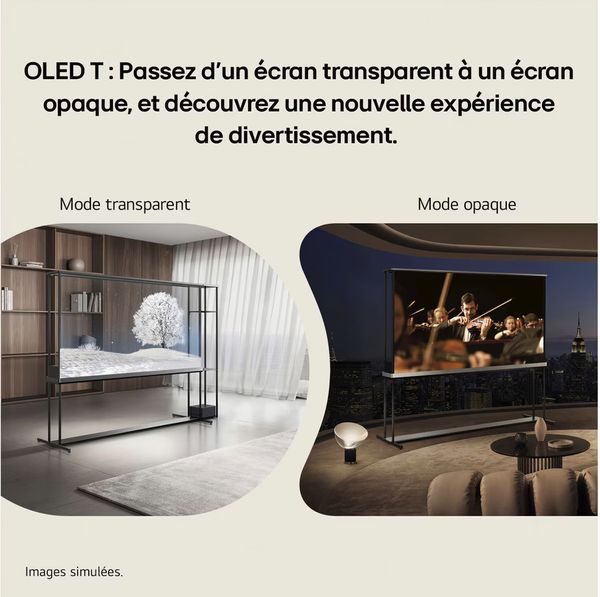 TV OLED transparente LG Signature OLED 77T4 – modes transparent et opaque Téléviseur OLED transparent LG Signature OLED 77T4 affiché en modes transparent et opaque dans deux environnements intérieurs distincts.