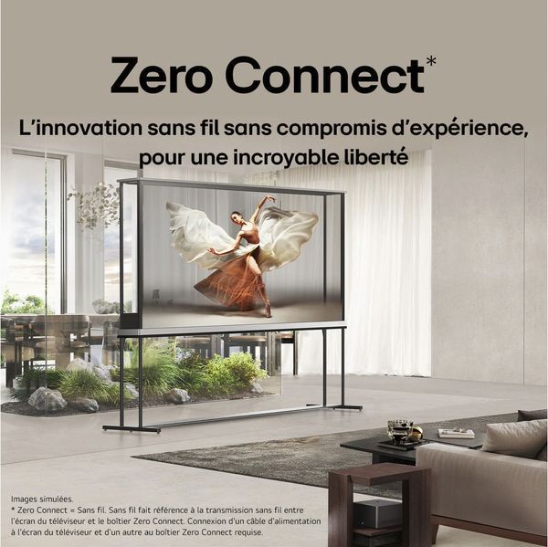 TV OLED transparente LG Signature OLED 77T4 avec technologie Zero Connect Téléviseur OLED transparent LG Signature OLED 77T4 affichant une danseuse en mouvement dans un salon lumineux, sans câble visible.