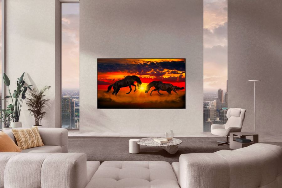 T&eacute;l&eacute;viseur LG OLED77W6 de 77 pouces fix&eacute; au mur dans un salon moderne, affichant une sc&egrave;ne animali&egrave;re en 4K.