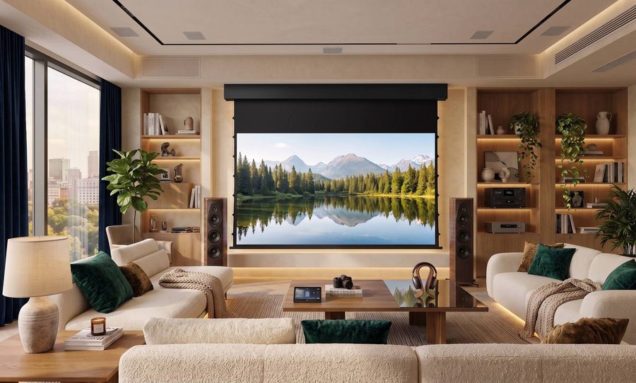 &Eacute;cran de projection &eacute;lectrique Lumene Coliseum Silent UHD 4K/8K Platinum install&eacute; dans un salon moderne.