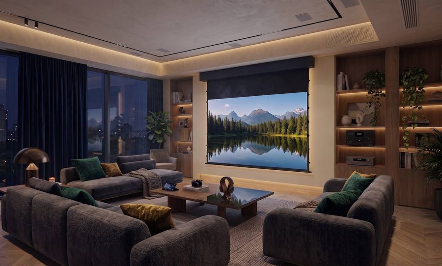 &Eacute;cran de projection Lumene Coliseum Silent UHD 4K Acoustic motoris&eacute; et tensionn&eacute;, int&eacute;gr&eacute; dans une installation home cin&eacute;ma.