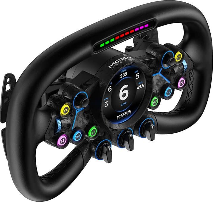 Avec ses nombreux boutons, palettes et molettes de commande, le volant Moza Racing Vision GS propose de multiples options pour le simracing. Le volant Moza Racing Vision GS dispose de nombreux boutons, molettes et palettes de commande.