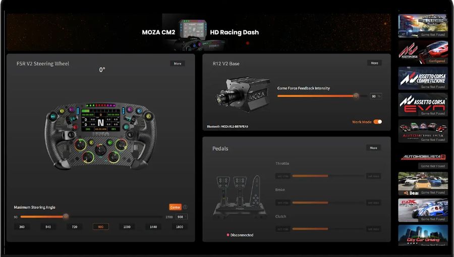 Le logiciel Moza Pit House propose une interface intuitive et riche en fonctionnalités pour paramétrer le Moza Racing R12 V2.