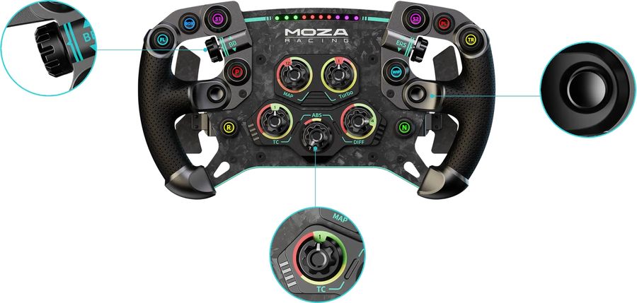 Rétroéclairés, les 10 boutons mécaniques du volant simracing Moza Racing GS V2P GT sont personnalisables. Le volant simracing Moza Racing GS V2P GT offre 10 boutons mécaniques rétroéclairés.