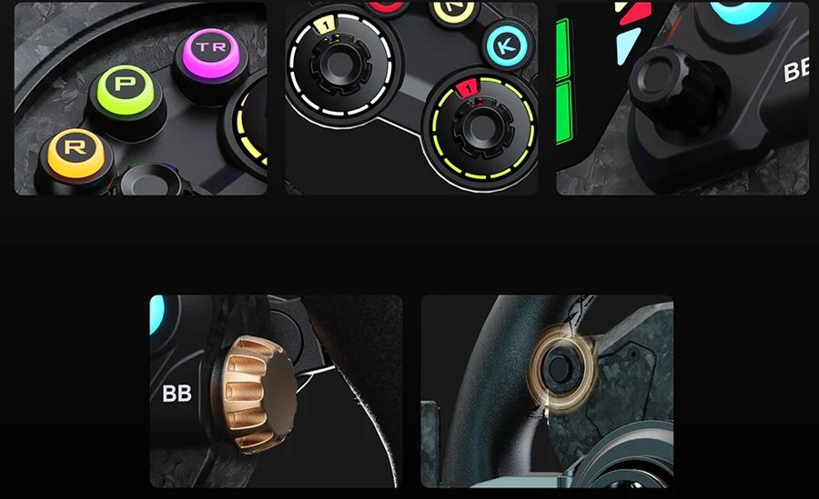 Commandes ergonomiques du Moza Racing CS Pro avec boutons RGB et encodeurs programmables