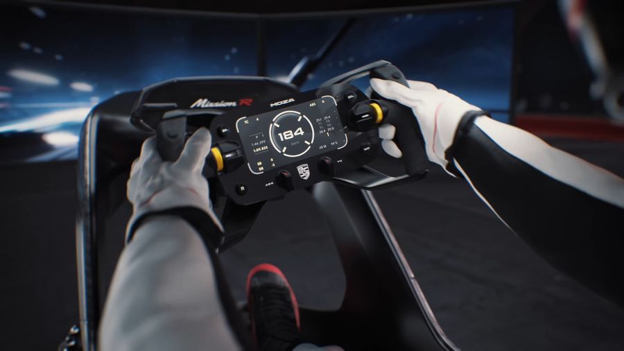 Volant Moza Racing Porsche Mission R aluminium CNC poign&eacute;es daim confort premium