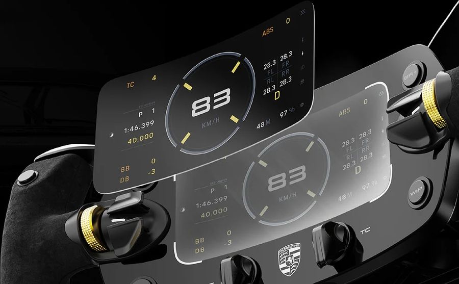 Volant simracing Moza Racing Porsche Mission R &eacute;cran OLED immersif donn&eacute;es pilotage