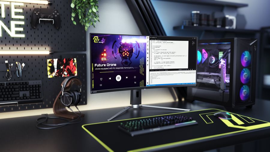 &Eacute;cran ultrawide MSI MAG 341CQP QD-OLED affichant plusieurs fen&ecirc;tres sur une dalle panoramique