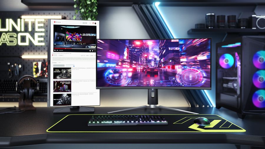 &Eacute;cran gaming MSI MAG 341CQP QD-OLED install&eacute; sur un bureau avec un pied ergonomique r&eacute;glable