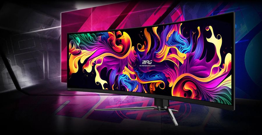 &Eacute;cran incurv&eacute; MSI MPG 491CQPX QD-OLED affichant une composition graphique aux couleurs vives