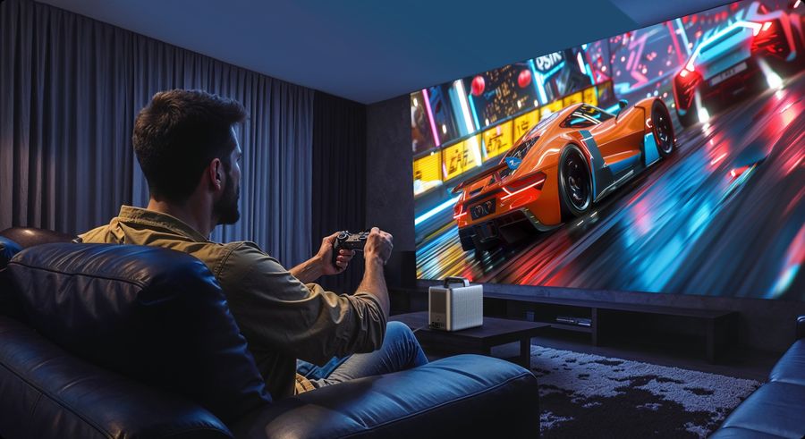 Vidéoprojecteur Nebula Cosmos 4K SE optimisé pour le gaming avec 4K 60 Hz et un input lag inférieur à 19 ms.