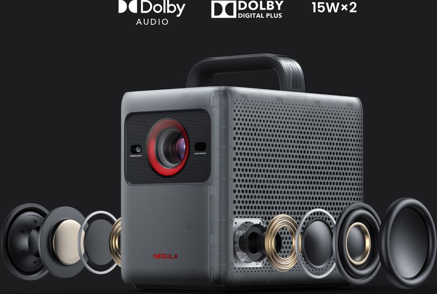 Vidéoprojecteur Nebula Cosmos 4K SE avec son Dolby Audio et deux haut-parleurs de 15 W pour une immersion sonore.