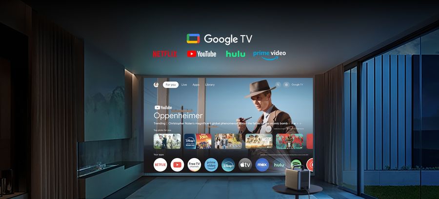 Vidéoprojecteur Nebula Cosmos 4K SE avec interface Google TV intégrée pour un accès facile aux plateformes de streaming.