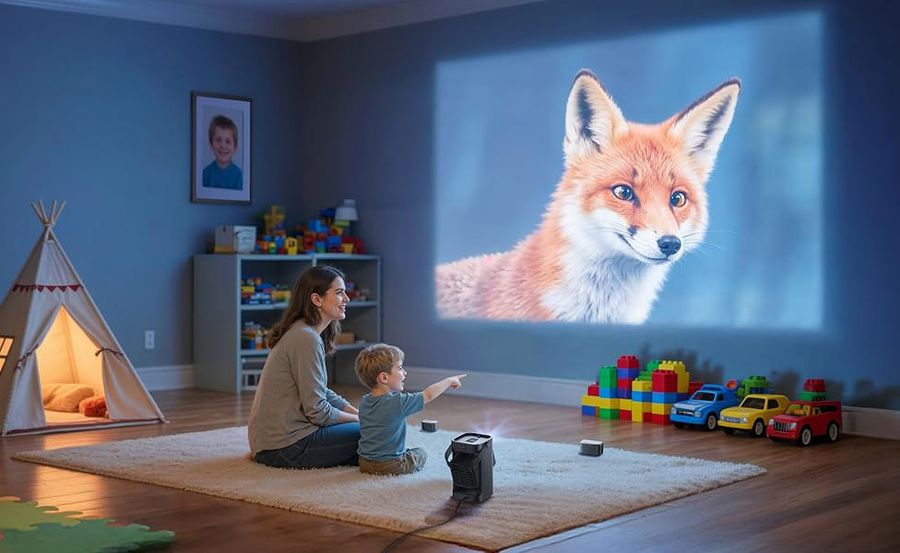 Projecteur Nebula P1 affichant un renard sur un mur gr&acirc;ce &agrave; la technologie DLP et &agrave; un &eacute;clairage 4 LED.