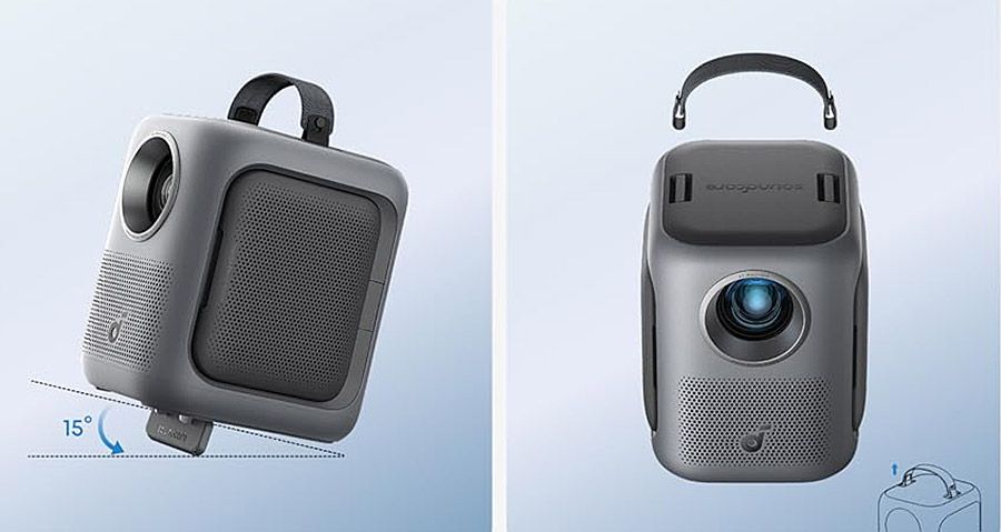 Projecteur portable Nebula P1i avec inclinaison r&eacute;glable jusqu&rsquo;&agrave; 15 degr&eacute;s et poign&eacute;e amovible.