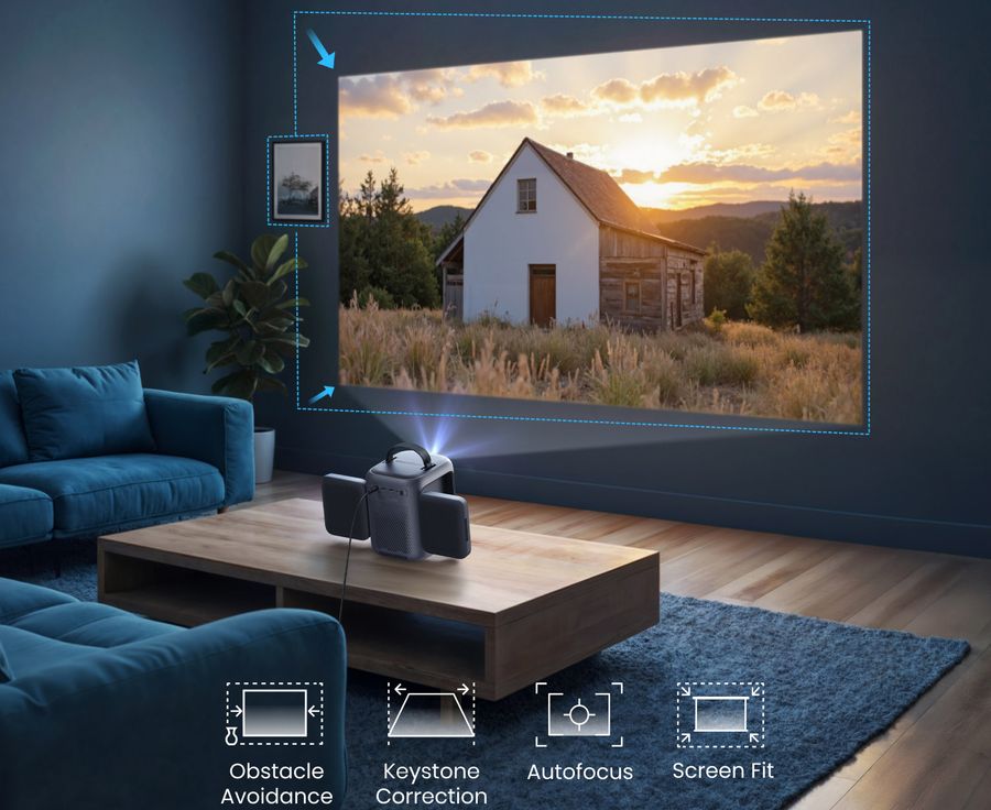 Projecteur portable Nebula P1i ajustant automatiquement l&rsquo;image gr&acirc;ce &agrave; ses fonctions d&rsquo;&eacute;vitement d&rsquo;obstacles et correction trap&egrave;ze.