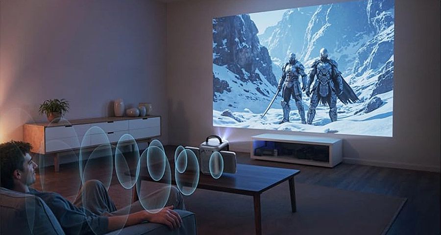Projecteur portable Nebula P1i diffusant un film avec son Dolby Audio dans un salon moderne.