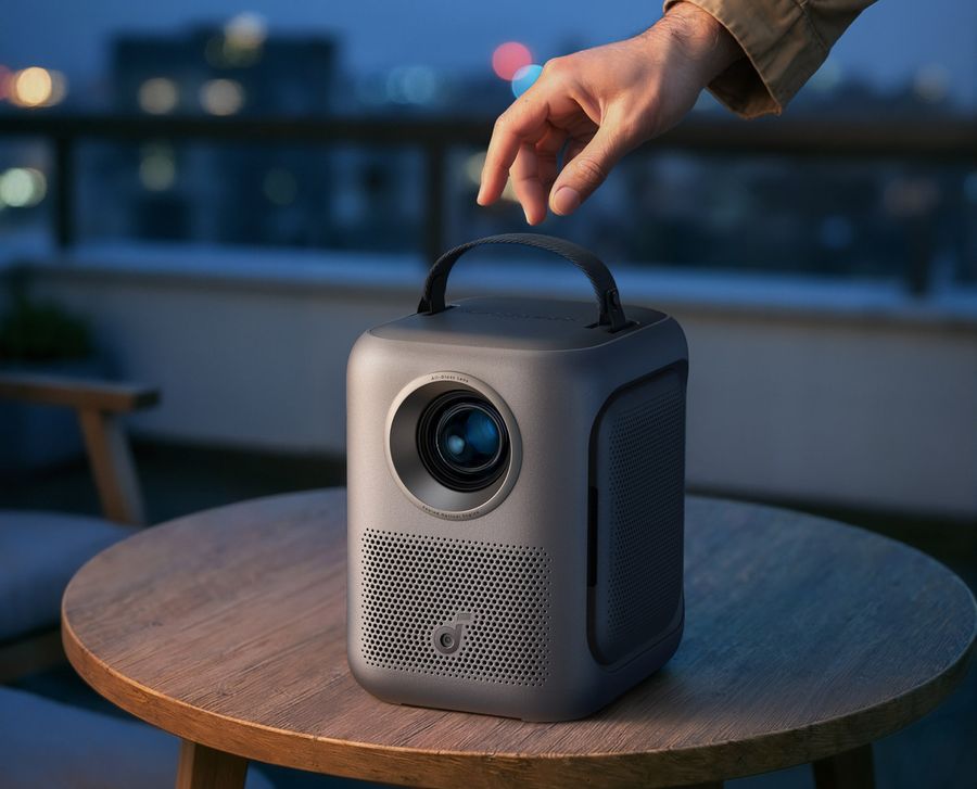 Projecteur portable Nebula P1i pos&eacute; sur une table ext&eacute;rieure avec poign&eacute;e int&eacute;gr&eacute;e pour transport facile.