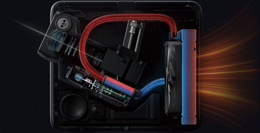  Vue interne du vidéoprojecteur triple laser 4K Nebula X1 montrant son système de refroidissement liquide silencieux à 26 dB.