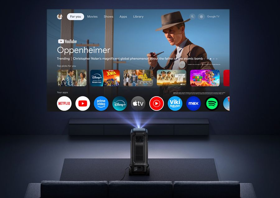 Le projecteur Nebula X1 Pro projette une interface Google TV avec acc&egrave;s direct &agrave; Netflix, YouTube et d'autres applications.