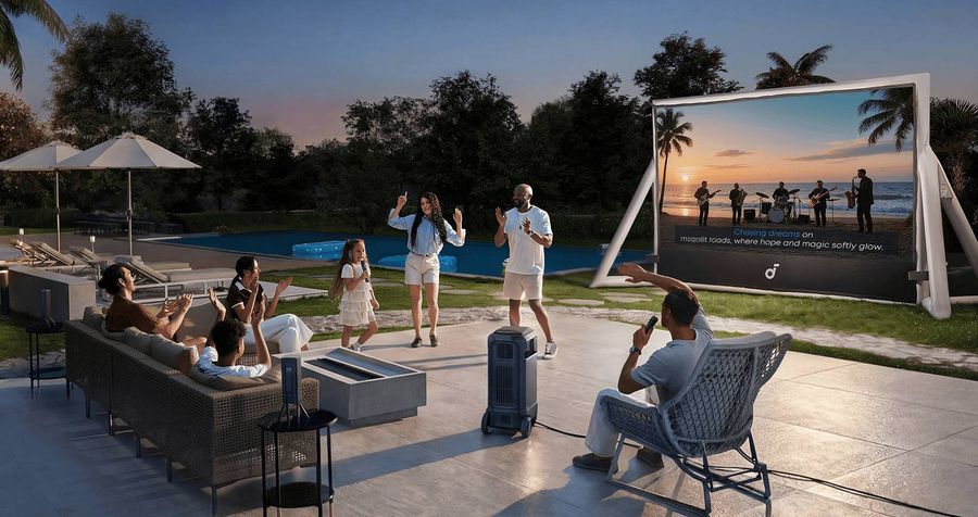 Groupe de personnes profitant d'une s&eacute;ance karaok&eacute; en plein air avec le projecteur Nebula X1 Pro et un grand &eacute;cran.