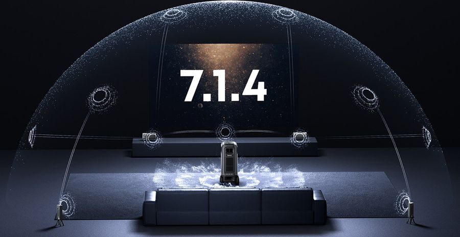 Configuration audio 7.1.4 canaux avec enceintes sans fil associ&eacute;e au projecteur Nebula X1 Pro pour un son immersif.