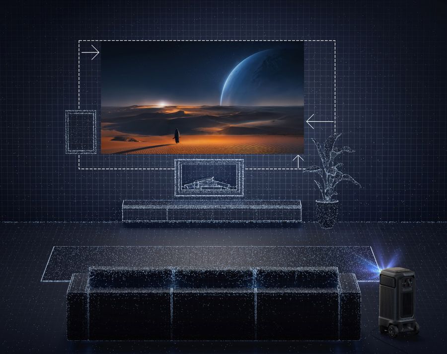 Illustration de la technologie d&rsquo;&eacute;vitement d&rsquo;obstacles du projecteur Nebula X1 Pro, projetant une image ajust&eacute;e dans un salon virtuel.