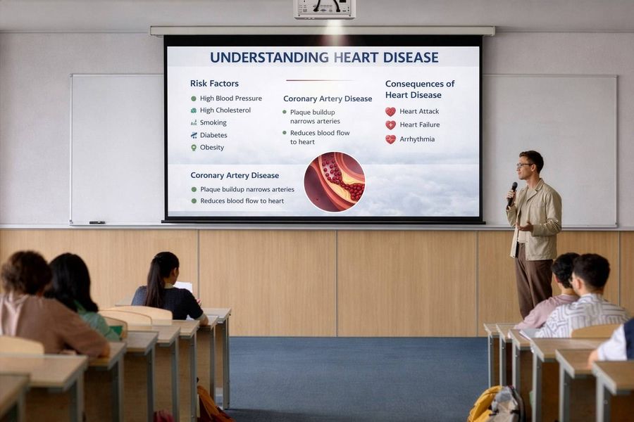 Optoma LH351 install&eacute; au plafond dans une salle de cours, projetant une pr&eacute;sentation sur les maladies cardiaques