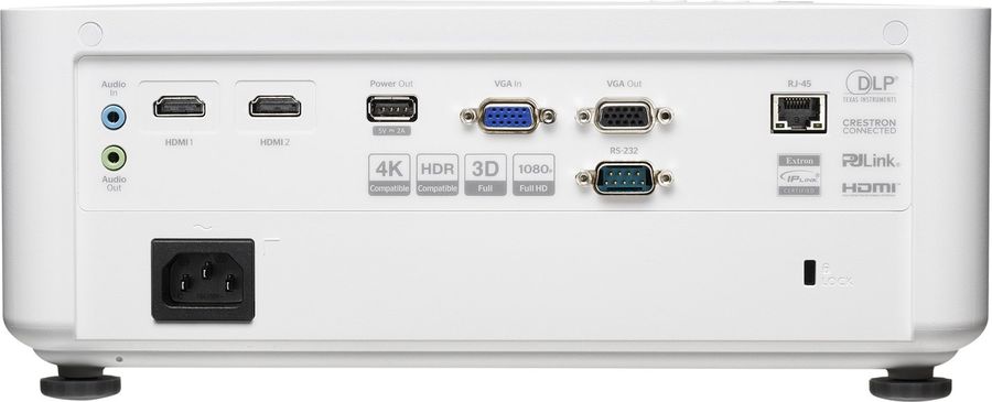 Connectique du vid&eacute;oprojecteur Optoma LH351ST avec HDMI 2.0, VGA, USB-A, RJ45 et RS232.