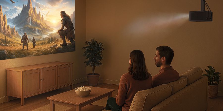 Projecteur Optoma Photon Life PH31 Un couple regarde un film projeté en haute définition par le projecteur Optoma Photon Life PH31 installé au plafond.