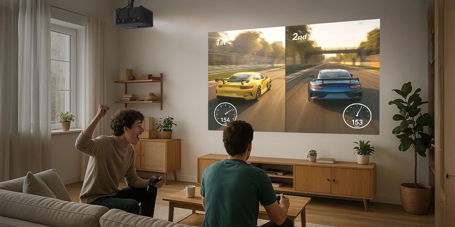 Deux personnes jouent à un jeu de course sur grand écran avec le projecteur UHD 4K Optoma Photon Life PK31.