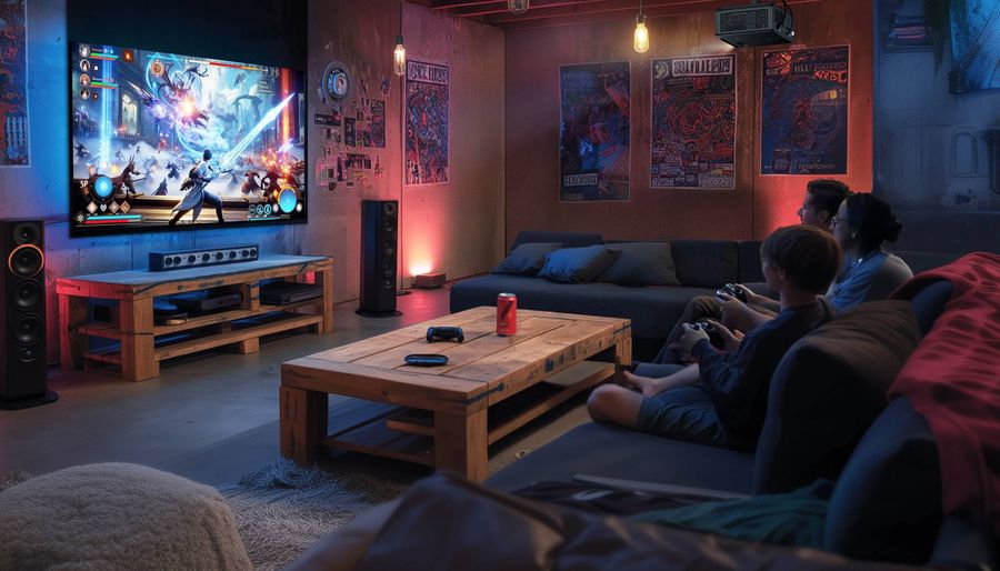 Vidéoprojecteur laser 4K Optoma UHZ58LV Salle de jeux équipée d’un vidéoprojecteur laser 4K Optoma UHZ58LV affichant un jeu vidéo sur grand écran mural.