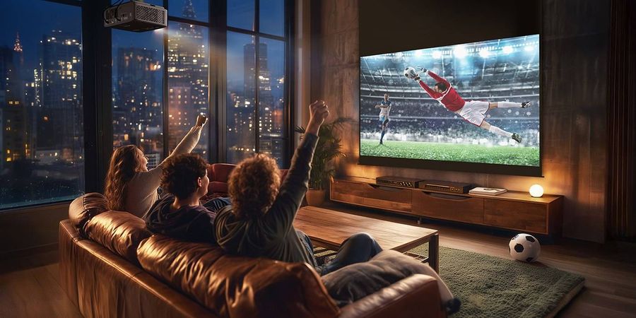 Vidéoprojecteur laser 4K Optoma UHZ58LV Salon moderne avec un vidéoprojecteur laser 4K Optoma UHZ58LV projetant un match de football sur grand écran.