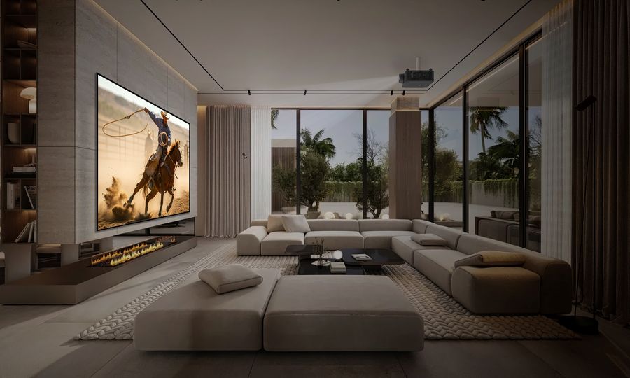 Salon moderne avec un projecteur 4K Optoma UHZ78LV affichant une image lumineuse en Dolby Vision et HDR10+.
