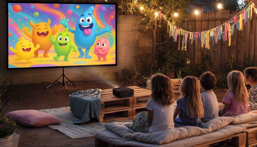 Projecteur laser 4K Optoma UZ38X projetant un film d&rsquo;animation color&eacute; en 4K lors d&rsquo;une s&eacute;ance cin&eacute;ma en ext&eacute;rieur.