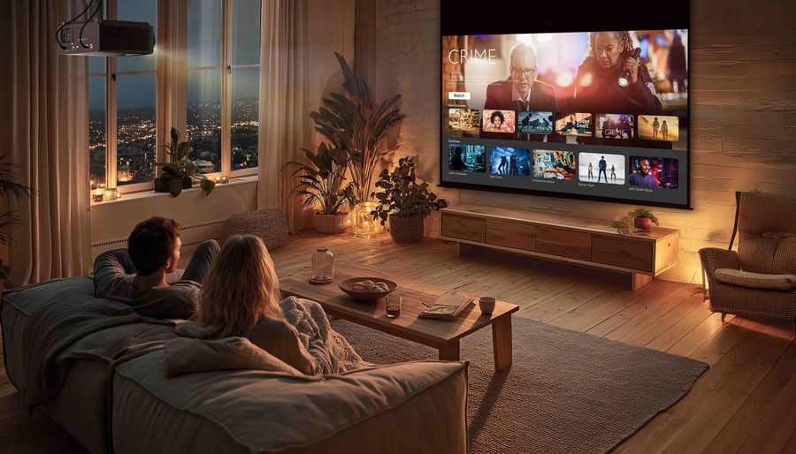 Projecteur laser 4K Optoma UZ38X compatible HDR et Filmmaker affichant une interface de streaming dans un salon moderne.