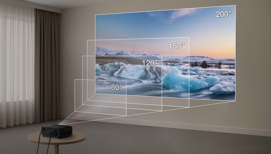 Projecteur laser 4K Optoma UZ38X illustrant diff&eacute;rentes tailles d&rsquo;image de 80 &agrave; 200 pouces en projection murale.