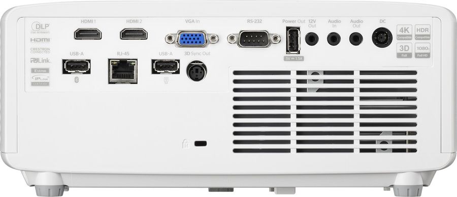 Connectique compl&egrave;te du vid&eacute;oprojecteur Optoma ZH451 avec ports HDMI, VGA, USB, RJ45 et RS232.