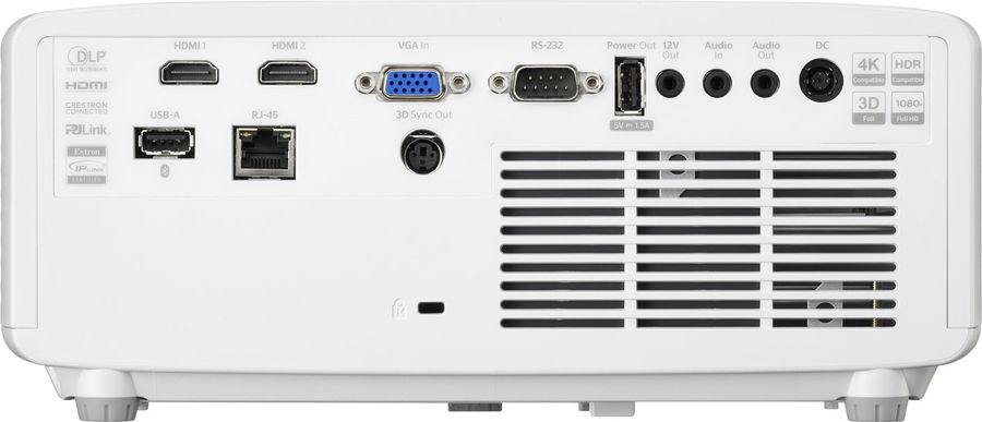 Connectique du vid&eacute;oprojecteur Optoma ZH521 avec HDMI 2.0, VGA, USB-A et haut-parleur int&eacute;gr&eacute; de 15 watts.