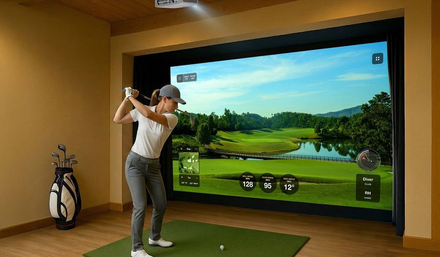 Mise en situation de l&rsquo;Optoma ZH521ST dans un espace de simulation de golf, avec un joueur devant une grande image projet&eacute;e