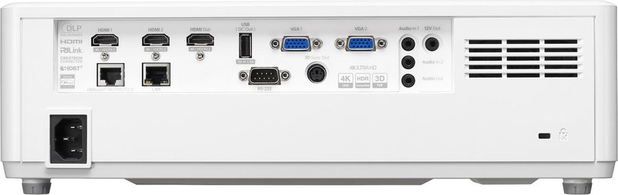 Vidéoprojecteur Optoma ZK708T : polyvalence grâce à une connectique adaptée à tous les environnements.  Optoma ZK708T avec connectique complète pour installations professionnelles et domotiques.