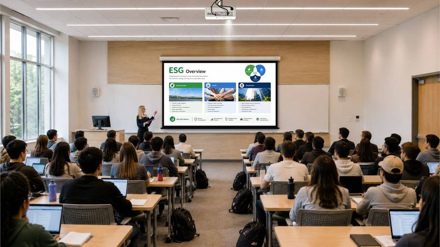 Vid&eacute;oprojecteur Optoma ZU550 install&eacute; au plafond d'un amphith&eacute;&acirc;tre, projetant une pr&eacute;sentation sur grand &eacute;cran devant des &eacute;tudiants.